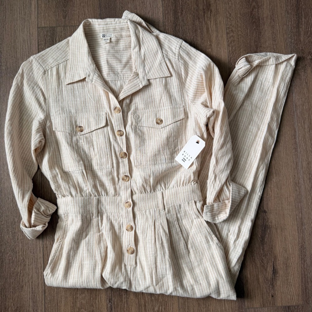 Billabong Dare Me Jumpsuit Womens Large Beige Striped Button Front Long Sleeve